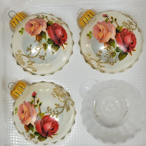 Vtg Christmas by Krebs Rose Ornaments Hand Decorated Glass Ball Crowned Set of 3 - Picture 2 of 16